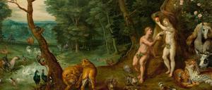 Die Versuchung. Spitzenlos der Auktion ist das Gemälde „Paradieslandschaft mit dem Sündenfall“ (um 1634) von Jan Brueghel d. J. und Frans Wouters.