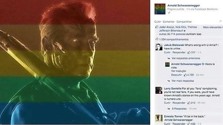 Das Profilfoto von Arnold Schwarzenegger bei Facebook. Auch der Terminator hüllt sich in den Farben der Flagge der Schwulen- und Lesbenbewegung.