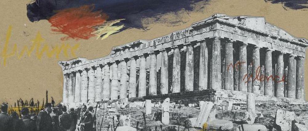 Das Werk "Men discussing tomorrows future" (2015) von Rebecca Raue.