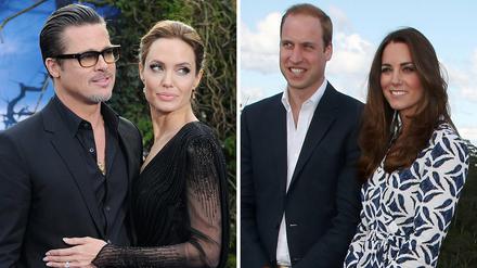 Die Bildkombo zeigt die Hollywoodstars Angelina Jolie und Brad Pitt (l) und Prinz William und seine Frau Kate (r). Die Paare haben sich in London im Kensington-Palast zum Tee getroffen.