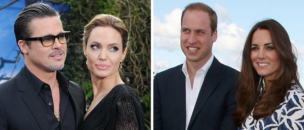 Die Bildkombo zeigt die Hollywoodstars Angelina Jolie und Brad Pitt (l) und Prinz William und seine Frau Kate (r). Die Paare haben sich in London im Kensington-Palast zum Tee getroffen.
