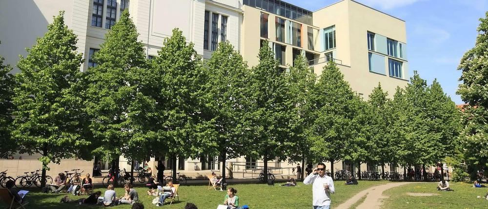 Studierende sitzen vor einem Unigebäude im Gras.