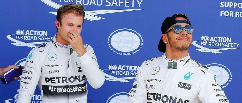 So sehen Sieger aus: Die Mercedes-Piloten Nico Rosberg (l.) und Lewis Hamilton machen den WM-Sieg in diesem Jahr wahrscheinlich wieder unter sich aus.