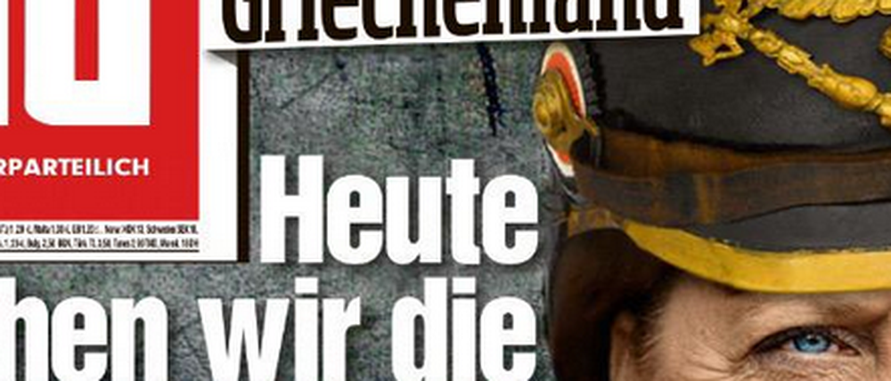 Die "Bild"-Zeitung setzt der Kanzlerin eine preußische Pickelhaube auf - und verlangt einen harten Kurs gegenüber Griechenland.