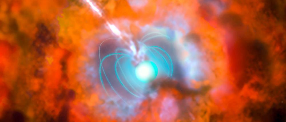 Extrem. Diese künstlerische Darstellung zeigt eine Supernova und den zugehörigen Gammastrahlenausbruch, der durch einen sich schnell drehenden Neutronenstern mit einem starken Magnetfeld angetrieben wird – ein exotisches Objekt, das auch als Magnetar bezeichnet wird.