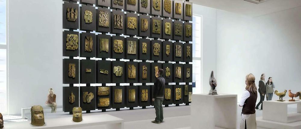 So könnte der Benin-Raum im Humboldt-Forum aussehen, rechts ist die Büste der Königin zu sehen.