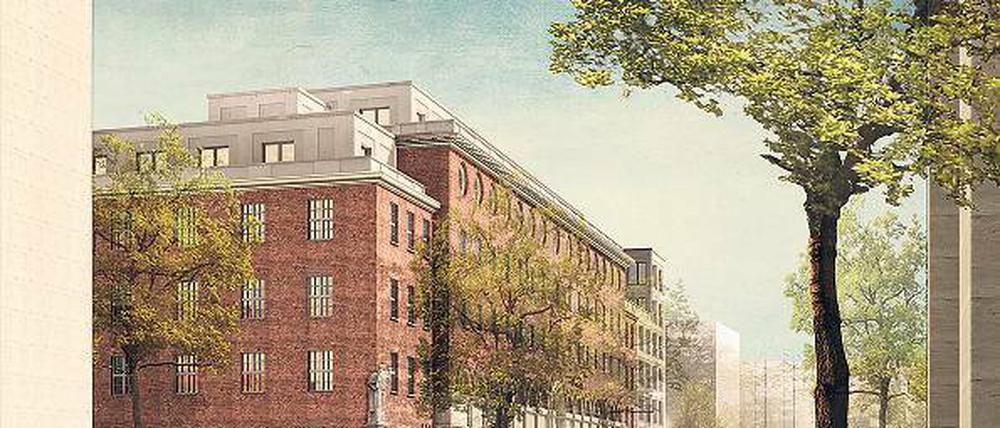 Der rote Backsteinbau der alten Post soll erhalten und von Neubauten eingerahmt werden. An die Ecke Geisberg- und Welserstraße kommt ein Café.
