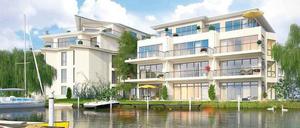 Wohnen mit maritimem Flair. Eine Visualisierung des Projekts Marina Quartier 83 in der Grünauer Straße in Köpenick. Hier entstehen 44 Wohnungen – bei Bedarf mit eigener Anlegestelle. 