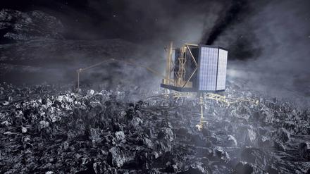 Der Landeroboter "Philae" auf dem Kometen "Tschuri". "Philae" war im November nach zehnjähriger Reise auf dem Kometen gelandet - allerdings ungeplant im Schatten. Hier eine Illustration der ESA. 