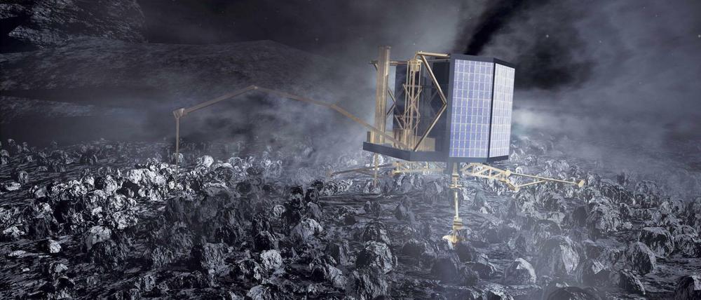 Der Landeroboter "Philae" auf dem Kometen "Tschuri". "Philae" war im November nach zehnjähriger Reise auf dem Kometen gelandet - allerdings ungeplant im Schatten. Hier eine Illustration der ESA.