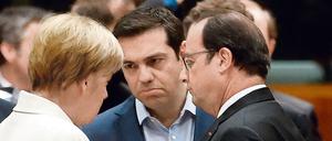 Bundeskanzlerin Angela Merkel, Griechenalnds Premier Alexis Tsipras und Frankreichs Präsident Francois Hollande in Brüssel bei Griechenland-Verhandlungen.