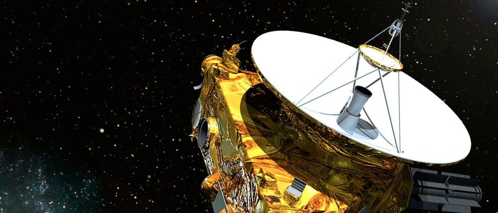 Ziel erreicht. Die künstlerische Darstellung zeigt die Nasa-Sonde mit dem Zwergplanet Pluto und drei seiner Monde. Am Dienstag soll das Raumfahrzeug im Abstand von 12.500 Kilometern an Pluto vorbeirasen - weiter zum Kuiper-Gürtel.