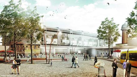 Travekiezvorplatz. Die Straßenbahn soll direkt vor den neuen Bahnhof fahren. Rechts, zur Orientierung, der Wasserturm.