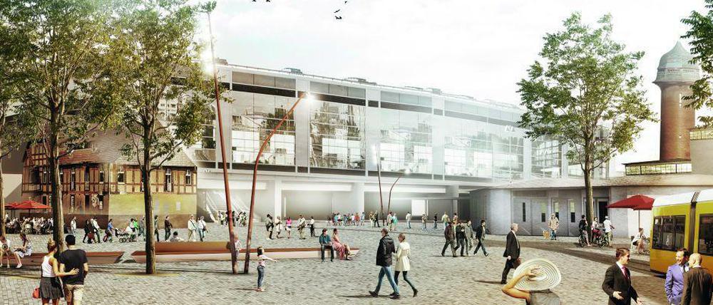 Travekiezvorplatz. Die Straßenbahn soll direkt vor den neuen Bahnhof fahren. Rechts, zur Orientierung, der Wasserturm.