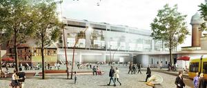 Travekiezvorplatz. Die Straßenbahn soll direkt vor den neuen Bahnhof fahren. Rechts, zur Orientierung, der Wasserturm.