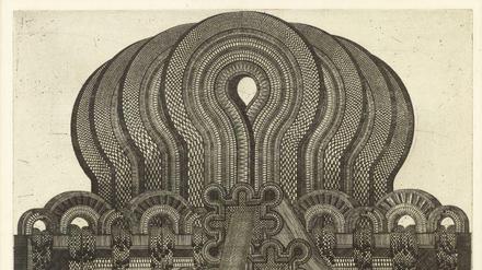 Der Orient als Vorbild: Die Radierung "Projet d'un repoir dédié à Charles-Louis Meryon" stammt von 1968 und ist das erste Blatt der Mappe "Die neue historische Architektur des Johannes Gachnang - Das byzantinische Reich".