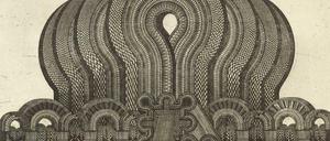 Der Orient als Vorbild: Die Radierung "Projet d'un repoir dédié à Charles-Louis Meryon" stammt von 1968 und ist das erste Blatt der Mappe "Die neue historische Architektur des Johannes Gachnang - Das byzantinische Reich". 