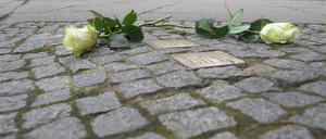 Gehwegpflaster mit Stolpersteinen und Blumen.