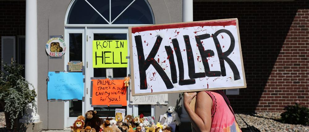 Protestenten vor dem Haus der Zahnarztpraxis von Dr. Walter Palmer. Der Jäger hat den Löwen Cecil in Simbabwe erschossen. 