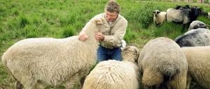 Schön kuscheln. Martin Heiße mit seinen Rauhwolligen Pommerschen Landschafen. 