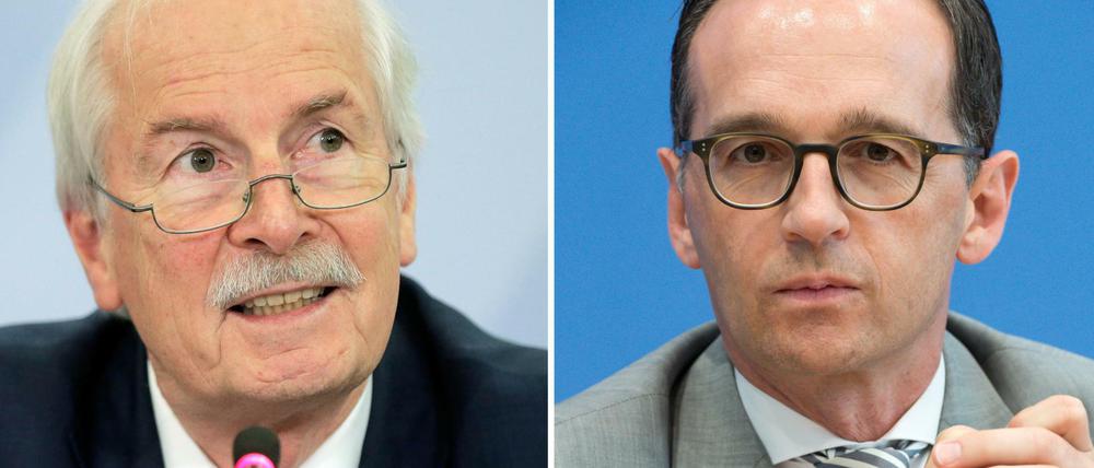 Die Bildkombo zeigt Generalbundesanwalt Harald Range (l, aufgenommen am 11.12.2014) und den Bundesjustizminister Heiko Maas (SPD, aufgenommen am 14.07.2015). 