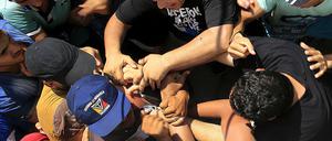 Flüchtlinge aus Syrien während einer Registrierungsprozedur in einem Stadion auf der Griechischen Insel Kos am Dienstag. 