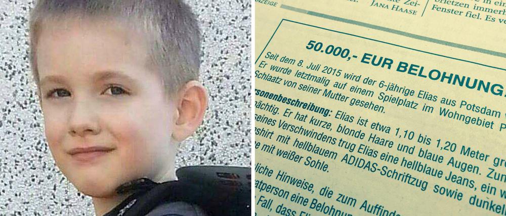Links der Junge, rechts die Anzeige aus den Potsdamer Neuesten Nachrichten aus dem August. 50.000 Euro hatte eine Privatperson ausgelobt.