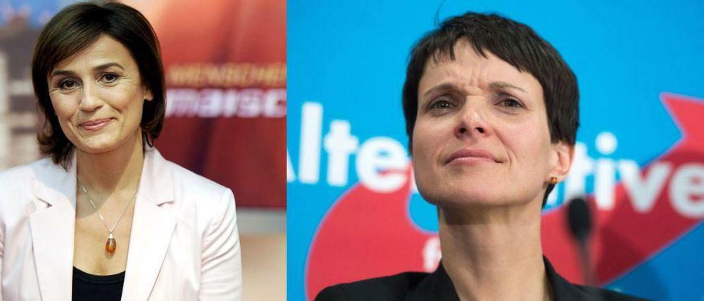 Sandra Maischberger talkt am Dienstag in der ARD zum Thema Flüchtlinge - AfD-Chefin Frauke Petry (r.) hätte gerne mitdiskutiert, wurde aber wieder ausgeladen. 