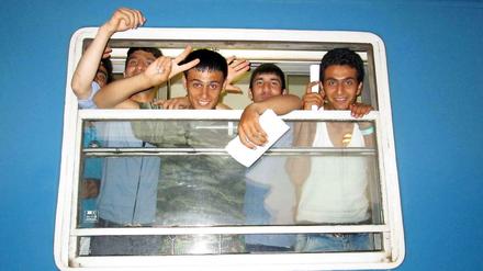 Unterwegs in Europa. Flüchtlinge im Zug von Serbien nach Ungarn