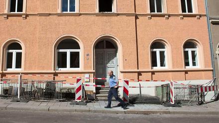 Vor der Eröffnung stehende Flüchtlingsunterkunft in Meißen nach dem Brandanschlag Ende Juni.