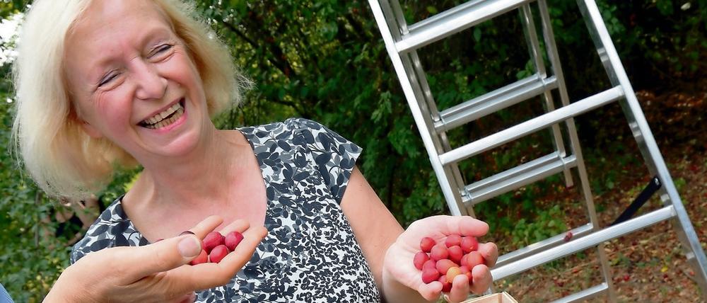 Bundesbildungsministerin Johanna Wanka mit frisch geerntetem Obst.