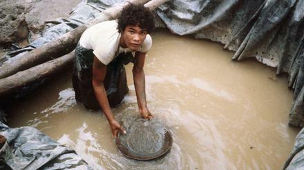 Ein Goldwäscher bei der Arbeit in der brasilianischen Goldmine Serra Pelada. Nur die wenigsten Menschen werden durch die Goldsuche in Südamerika reich. Der erfolgreiche Goldabbau erfordert Kapital, das nur große Firmen haben. Die Arbeit mit dem Schüttelsieb hingegen ist besonders zäh und letztlich auch Glückssache. 