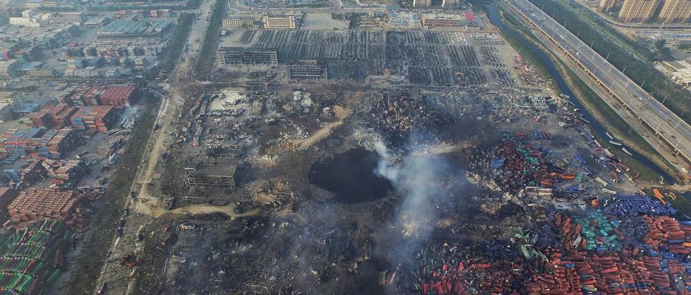Die Ausmaße der Explosionen in einem Frachthafen in der chinesischen Stadt Tianjin. 