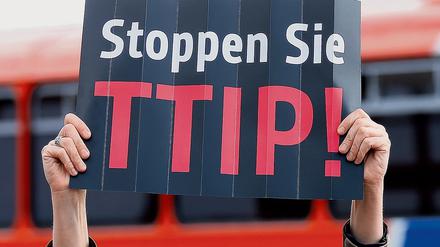 Eine Demonstrantin hält am 17.05.2014 in Hamburg bei einer Wahlkampfveranstaltung der CDU auf dem Hamburger Fischmarkt ein Plakat mit der Aufschrift "Stoppen Sie TTIP" in die Höhe. 