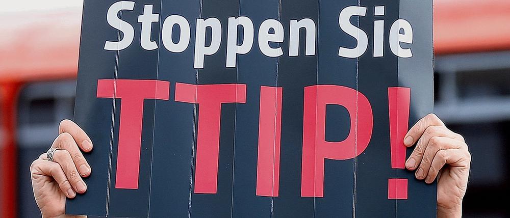 Eine Demonstrantin hält am 17.05.2014 in Hamburg bei einer Wahlkampfveranstaltung der CDU auf dem Hamburger Fischmarkt ein Plakat mit der Aufschrift "Stoppen Sie TTIP" in die Höhe. 