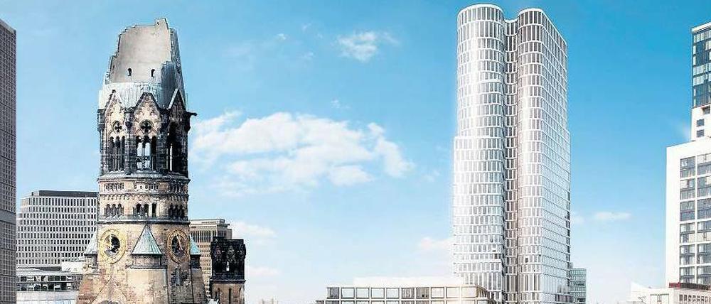 Zeichen setzen. So soll das Hochhaus „Upper West“ zwischen Gedächtniskirche (links) und „Zoofenster“ (rechts) aussehen. 