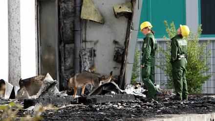 Spürhunde der Berliner Polizei sind in Nauen (Brandenburg) vor der abgebrannten Turnhalle im Einsatz. Ganz in der Nähe halten die Berliner Grünen ihre jährliche Fraktionsklausur ab.
