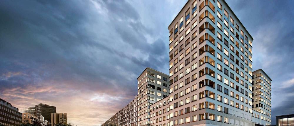 Blick vom Landwehrkanal Richtung Potsdamer Platz mit dem Kollhoff-Turm im Hintergrund. Ganz rechts ist die U-Bahn Station Mendelssohn Bartholdy-Park zu erkennen.