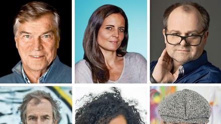 Sie lesen aus einem Flüchtlingsroman: die Schauspieler Jochen Busse, Elisabeth Lanz, Markus Majowski, Peter Prager, Adisat Semenitsch und Manon Straché (li. oben nach re. unten).