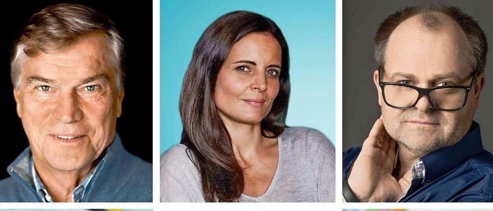 Sie lesen aus einem Flüchtlingsroman: die Schauspieler Jochen Busse, Elisabeth Lanz, Markus Majowski, Peter Prager, Adisat Semenitsch und Manon Straché (li. oben nach re. unten).
