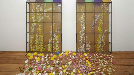 Blumen auf dem Boden vor einer Wand