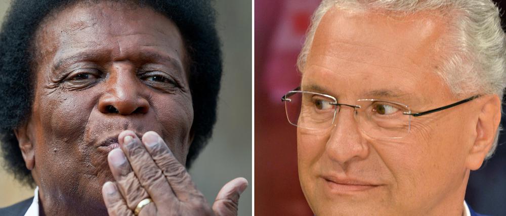 "Wunderbarer Neger" und "nicht so wunderbarer Deutscher": Eine Bildkombo zeigt den Schlagersänger Roberto Blanco (l), aufgenommen am 25.07.2014 in Bayreuth (Bayern), und Joachim Herrmann, Bayerischer Staatsminister des Innern (CSU), aufgenommen am 27.08.2015 während einer Talkshow in Berlin. 