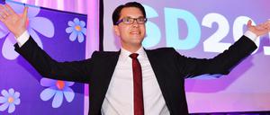 Parteichef Jimmie Akesson - hier nach den Wahlen im September 2014 - kann auch heute wieder triumphieren: Seine rechtspopulistischen Schwedendemokraten liegen in der Wählergunst bei stattlichen 19,5 Prozent.