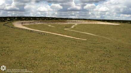 Eine Illustration zeigt, wie die Steine früher vermutlich aufgereiht waren. Archäologen haben in der Nähe des geheimnisvollen Steinkreises Stonehenge in England Belege für ein weiteres, jahrtausendealtes Monument gefunden. Es habe sich um bis zu 90 aufrechtstehende Steine gehandelt. 