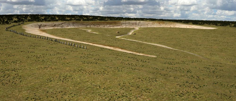 Eine Illustration zeigt, wie die Steine früher vermutlich aufgereiht waren. Archäologen haben in der Nähe des geheimnisvollen Steinkreises Stonehenge in England Belege für ein weiteres, jahrtausendealtes Monument gefunden. Es habe sich um bis zu 90 aufrechtstehende Steine gehandelt.
