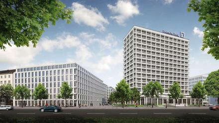 Bauen für die Bank. Das Modell zeigt links das geplante Bürohaus in der Otto-Suhr-Allee mit sieben Etagen. Daneben steht das 15-stöckige Hochhaus aus den 1960er Jahren.