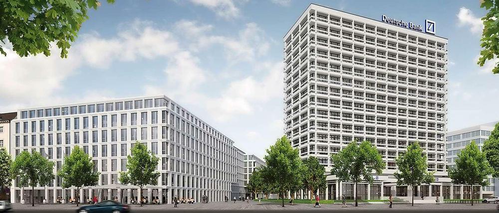Bauen für die Bank. Das Modell zeigt links das geplante Bürohaus in der Otto-Suhr-Allee mit sieben Etagen. Daneben steht das 15-stöckige Hochhaus aus den 1960er Jahren.