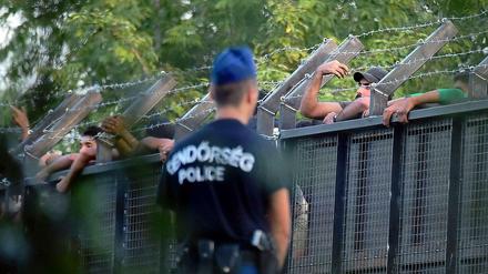 Flüchtlinge auf serbischer Seite am Grenzübergang Röszke