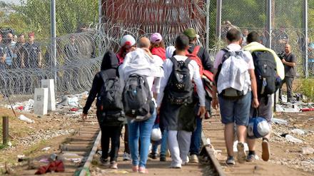 Flüchtlinge im Serbien warten vor dem ungarischen Grenzzaun. 