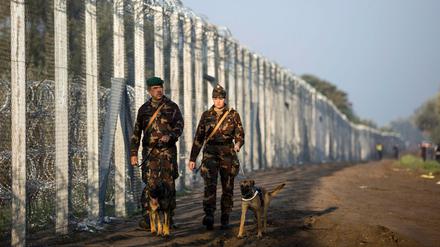 Ungarische Soldaten patrouillieren in Röszke am Grenzzaun zu Serbien. 